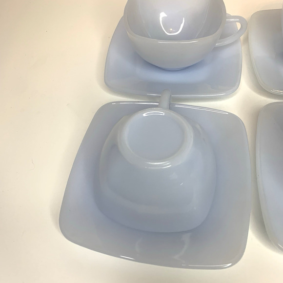 SET 5 FIRE KING AZURE BLUE CHARM AZURITE DELPHITE MILK GLASS SQUARE CUP SAUCERS - Picture 8 of 9